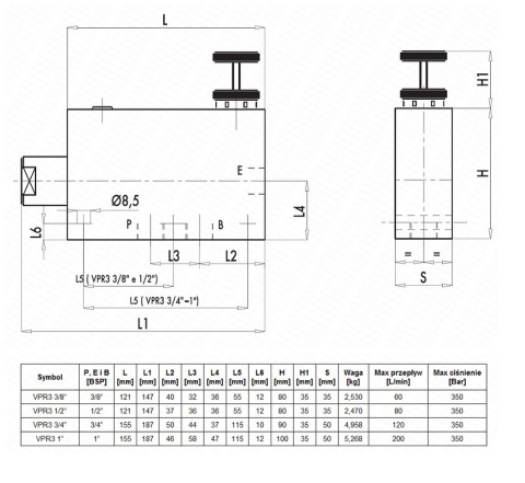 Zawór proporcjonalny dzielnik strumienia regulator przepływu VPR3 gwinty: 1/2" przepływ: 80L/min ciśnienie max: 350bar